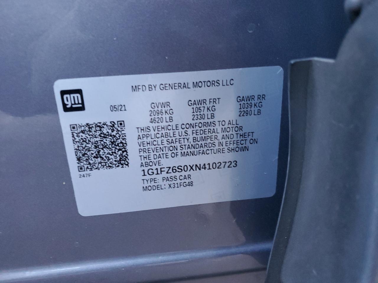 2022 CHEVROLET BOLT EUV PREMIER VIN:1G1FZ6S0XN4102723