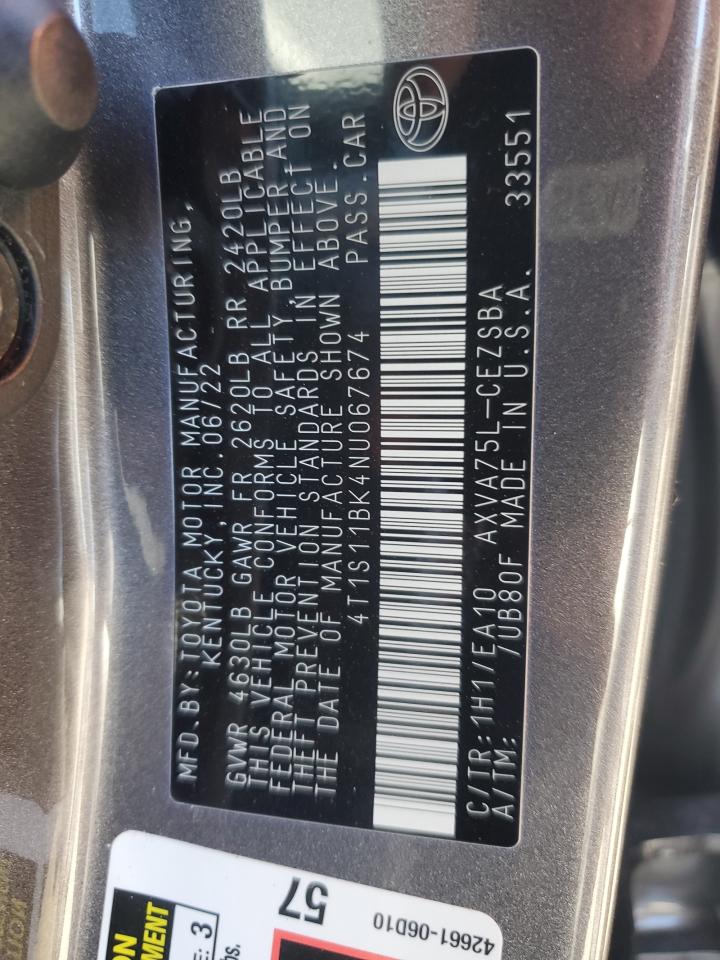 2022 TOYOTA CAMRY SE VIN:4T1S11BK4NU067674