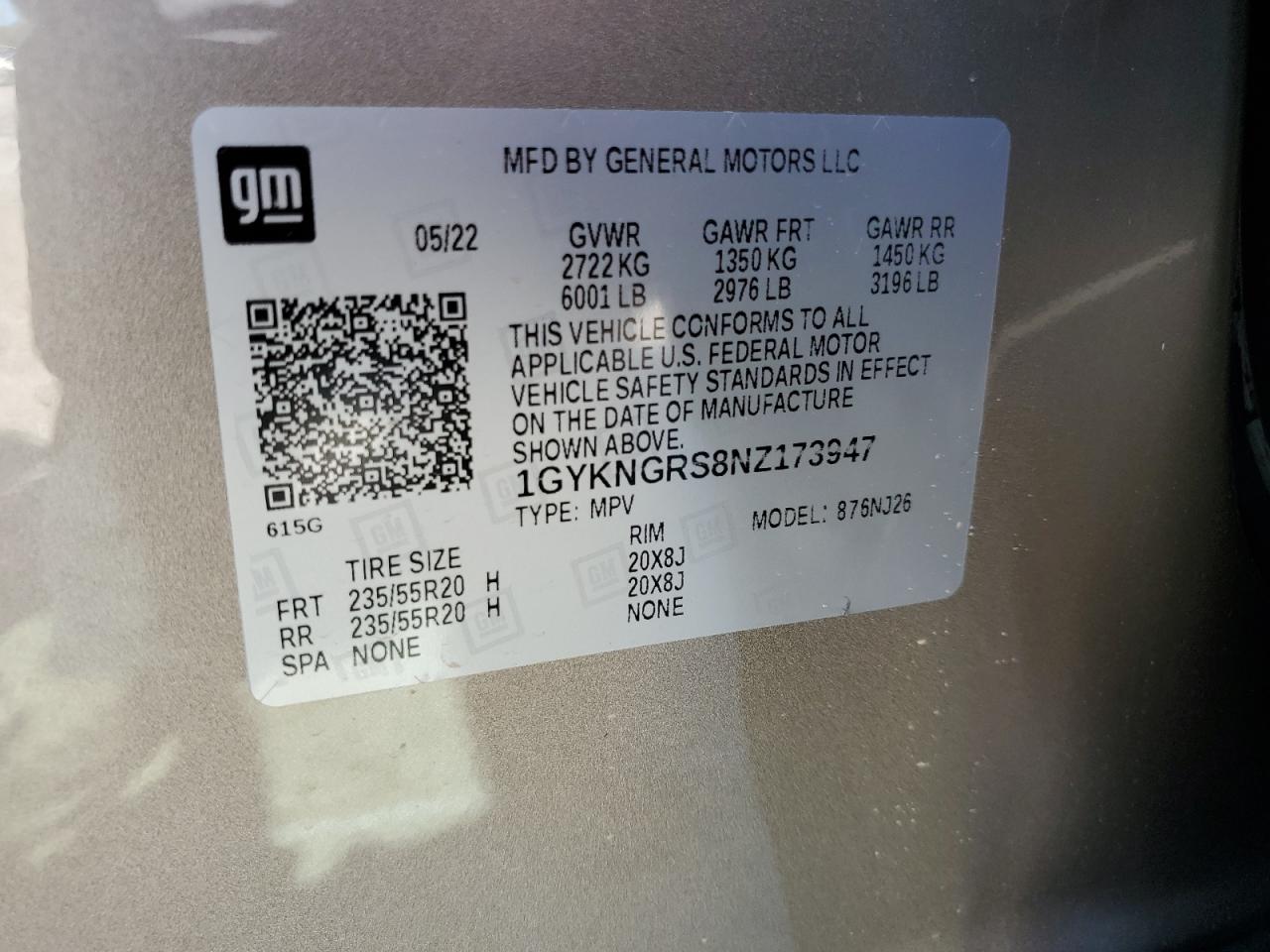 2022 CADILLAC XT5 SPORT VIN:1GYKNGRS8NZ173947