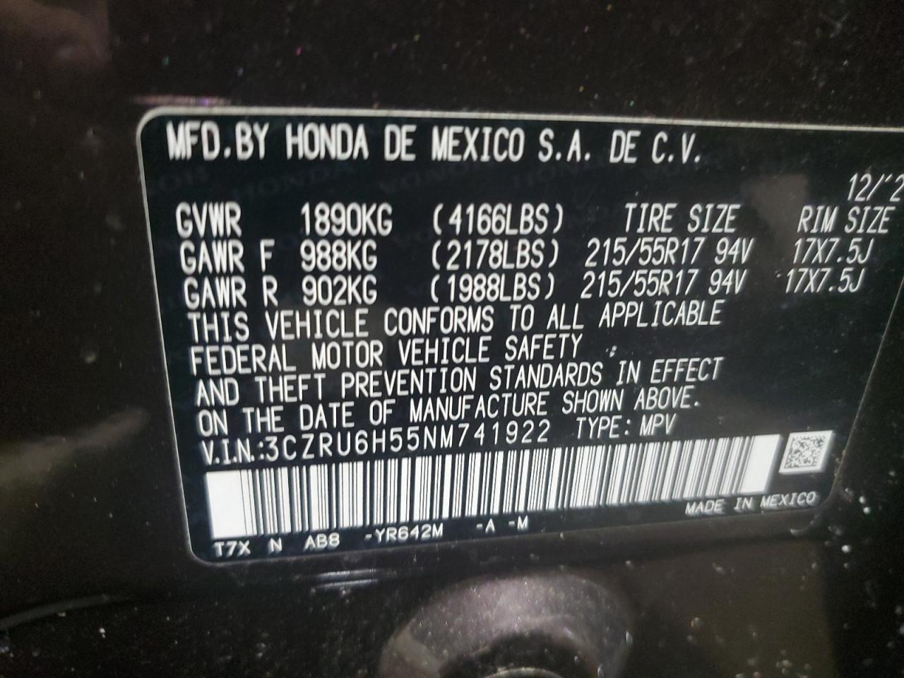 2022 HONDA HR-V EX VIN:3CZRU6H55NM741922