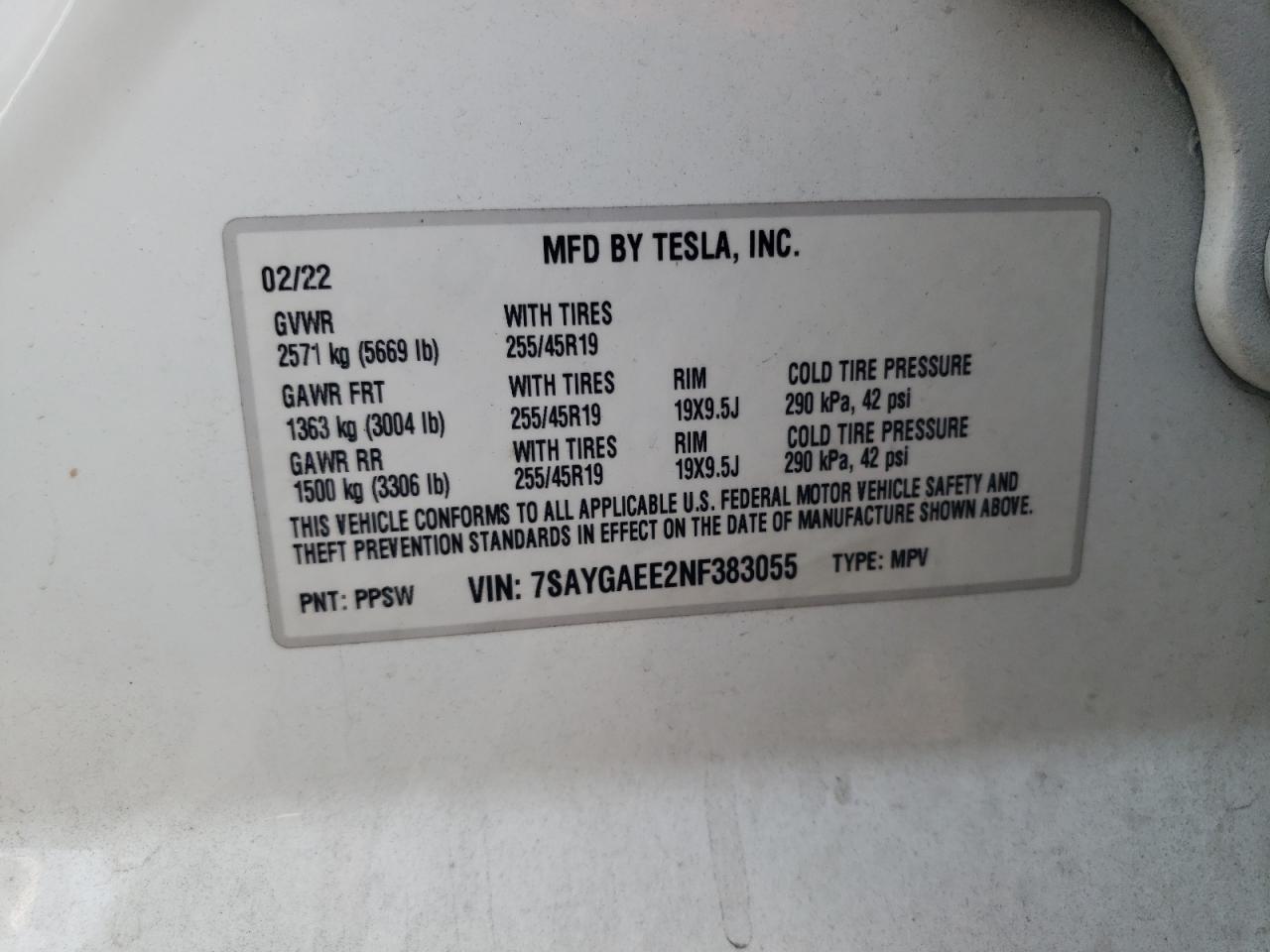 2022 TESLA MODEL Y  VIN:7SAYGAEE2NF383055