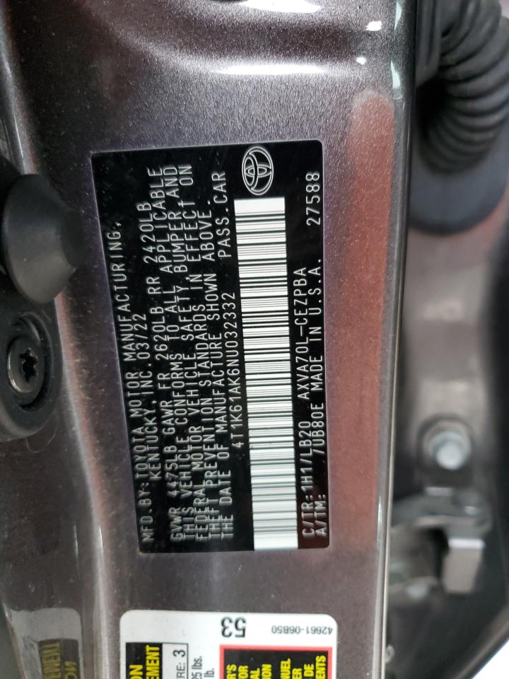 2022 TOYOTA CAMRY XSE VIN:4T1K61AK6NU032332