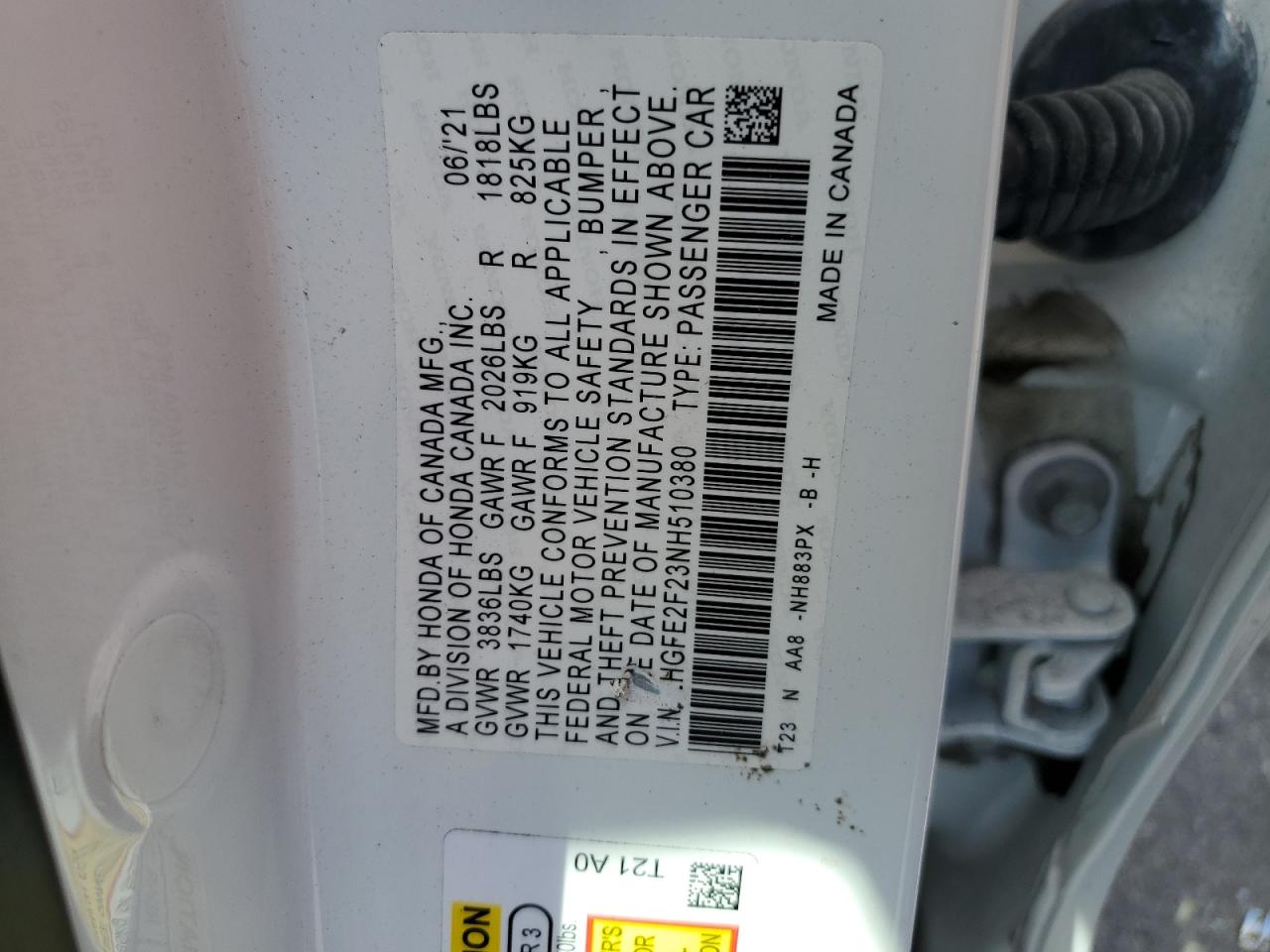 2022 HONDA CIVIC LX VIN:2HGFE2F23NH510380