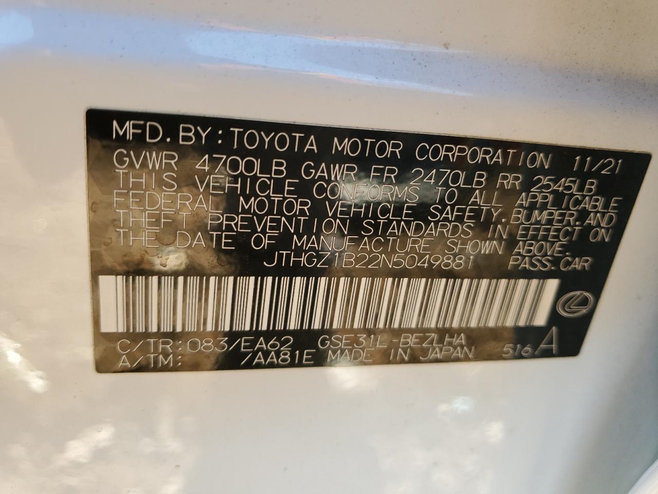 2022 LEXUS IS 350 F SPORT VIN:JTHGZ1B22N5049881