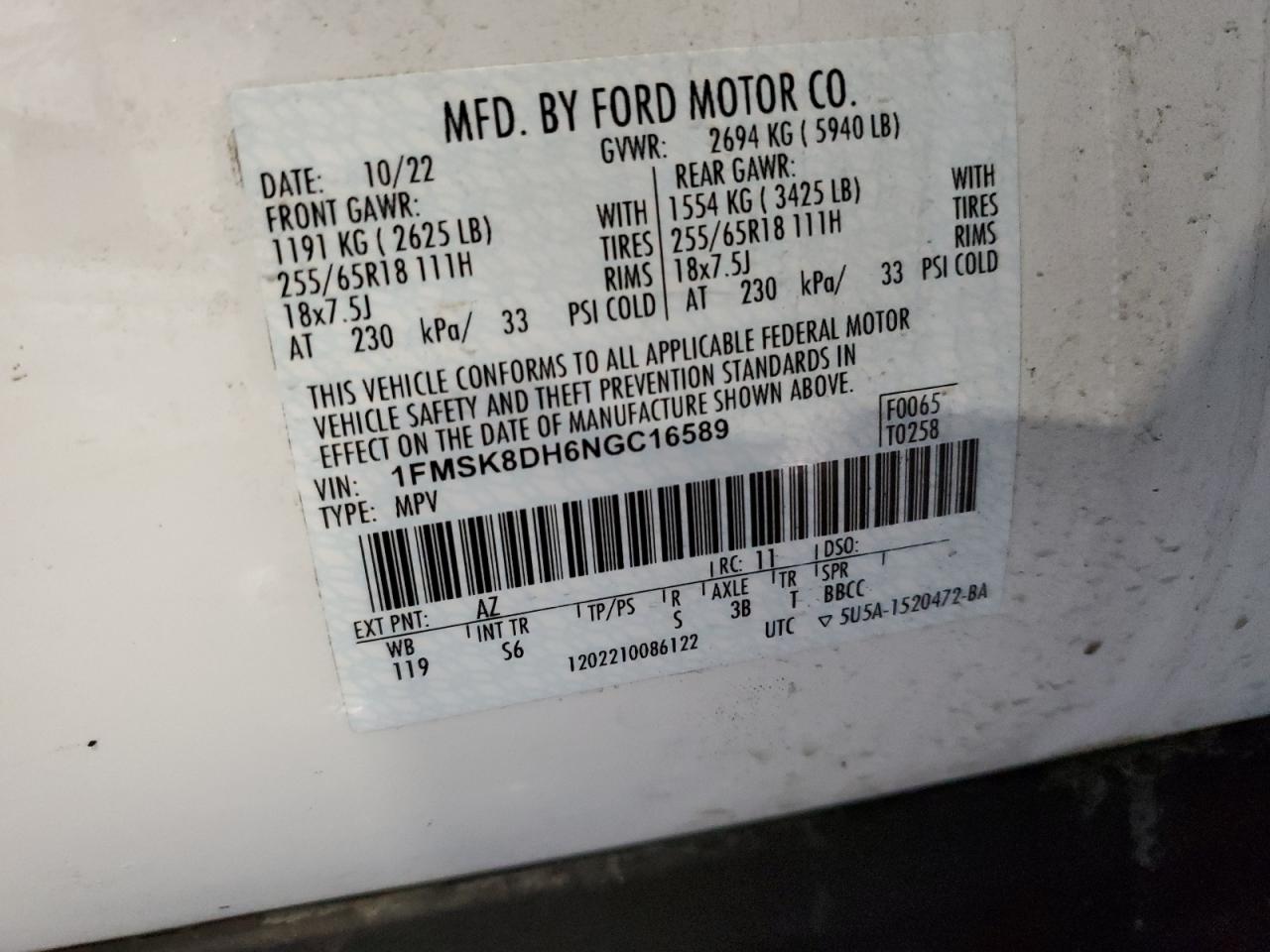 2022 FORD EXPLORER XLT VIN:1FMSK8DH6NGC16589