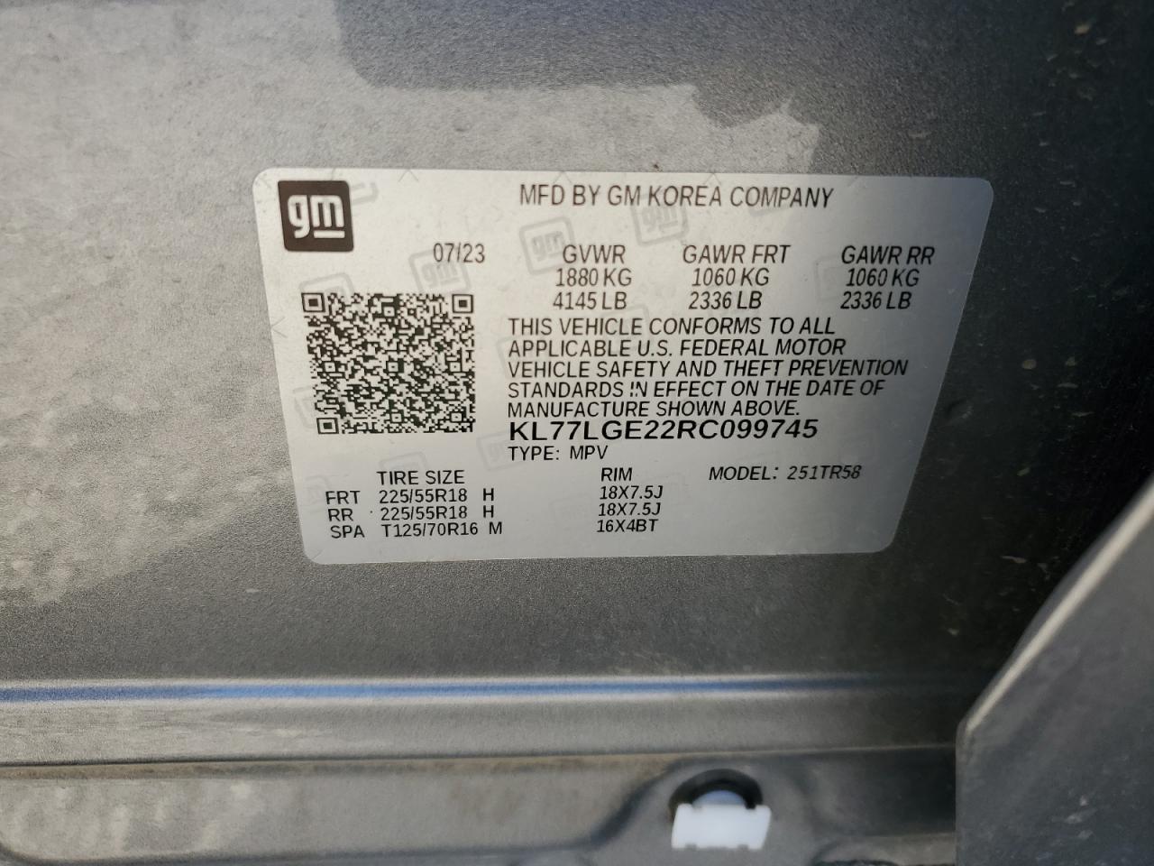 2024 CHEVROLET TRAX 1RS VIN:KL77LGE22RC099745