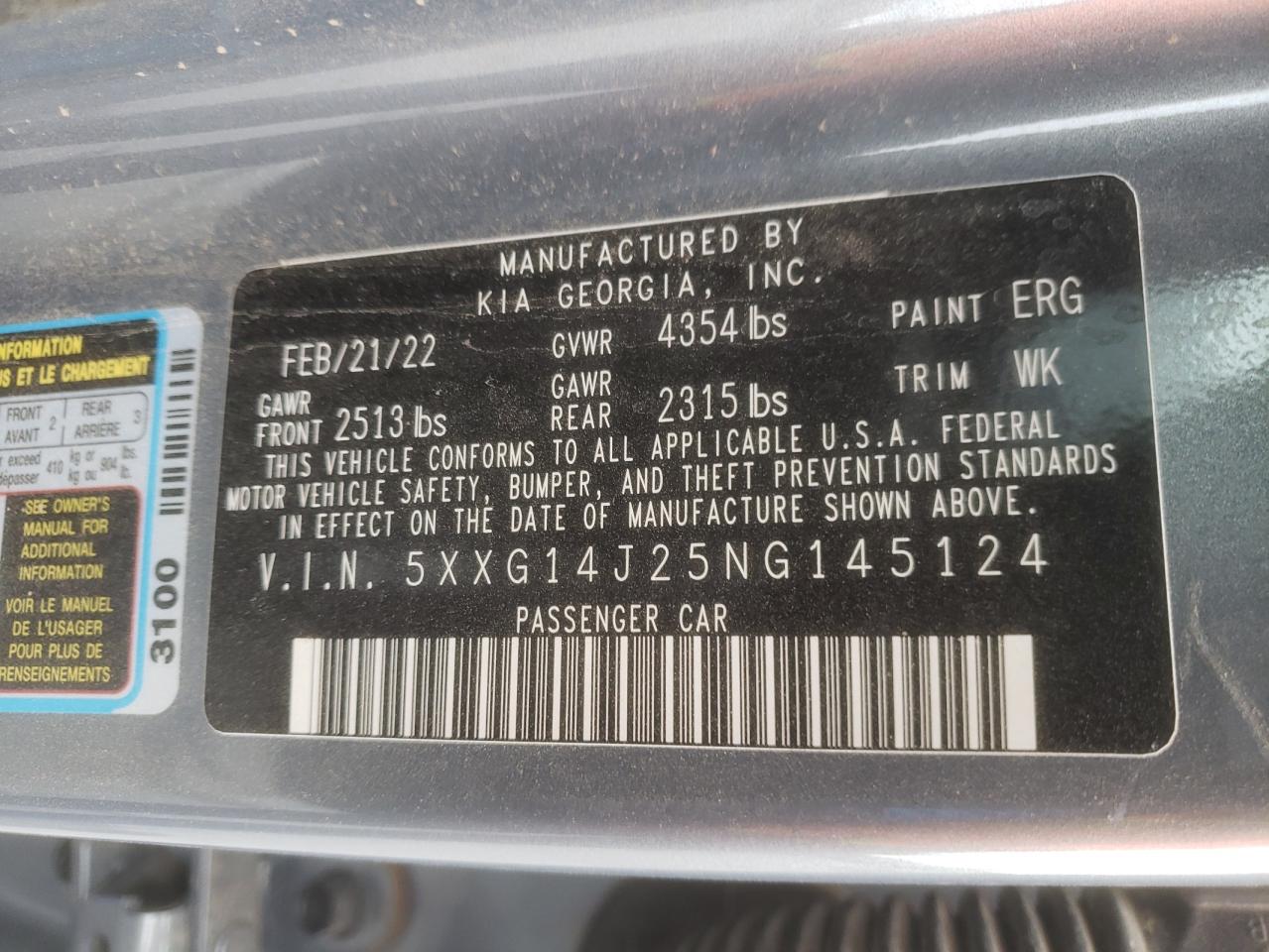 2022 KIA K5 LXS VIN:5XXG14J25NG145124