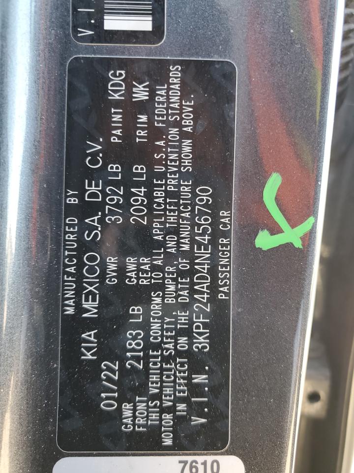 2022 KIA FORTE FE VIN:3KPF24AD4NE456790