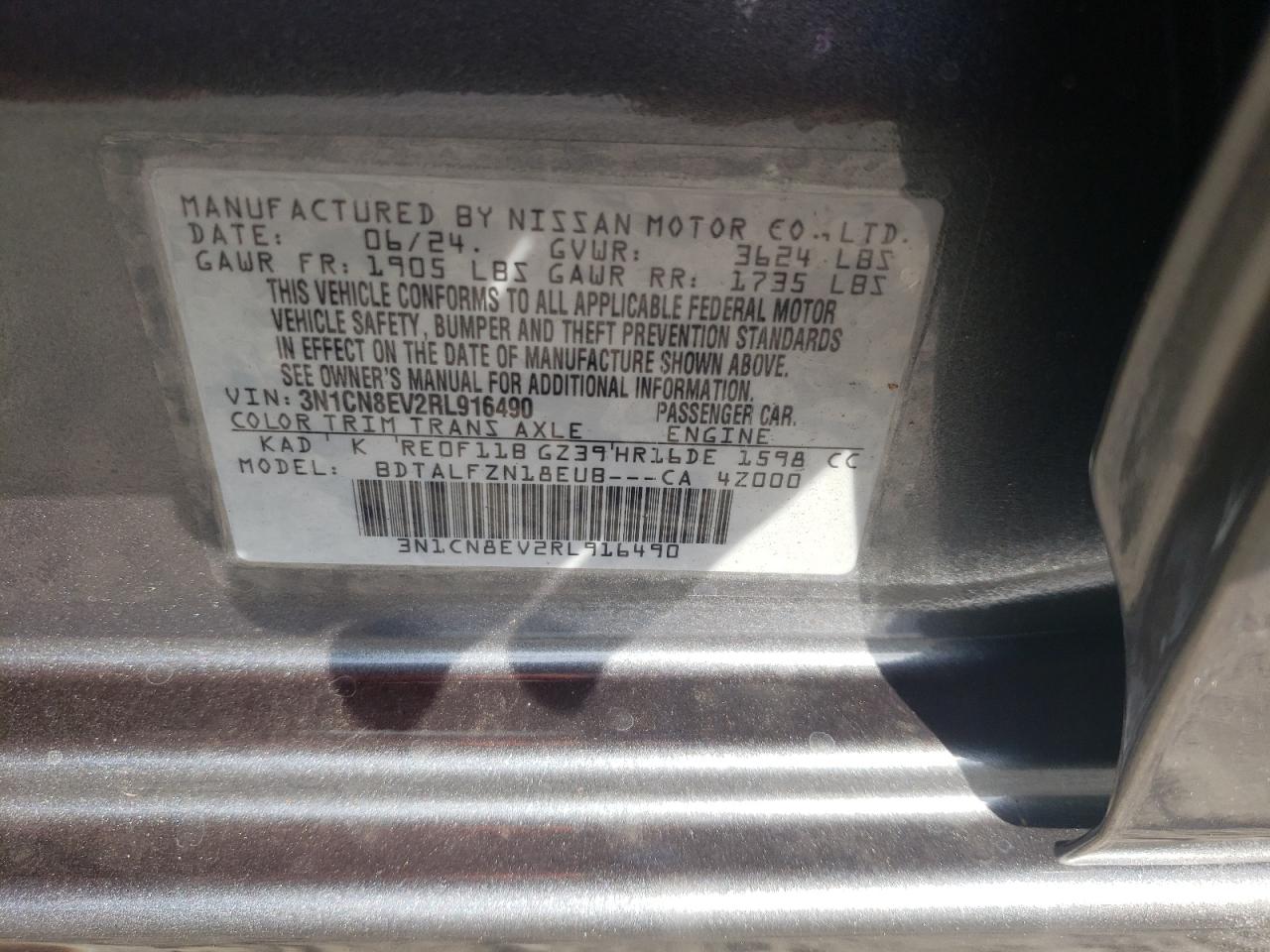 2024 NISSAN VERSA SV VIN:3N1CN8EV2RL916490
