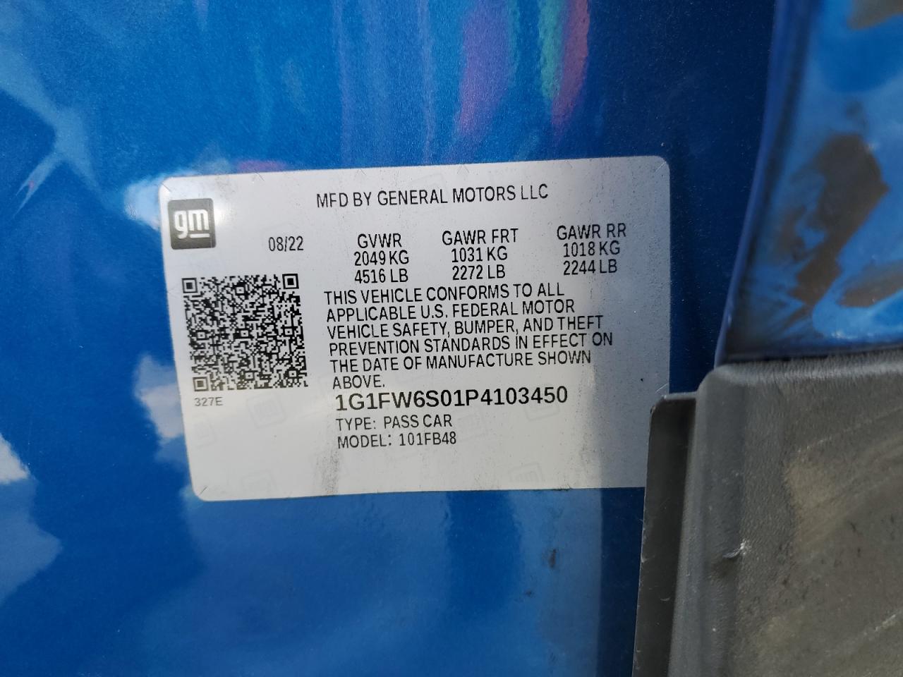 2023 CHEVROLET BOLT EV 1LT VIN:1G1FW6S01P4103450