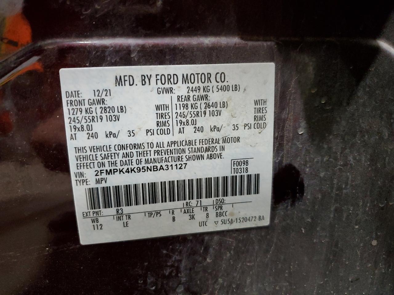 2022 FORD EDGE TITANIUM VIN:2FMPK4K95NBA31127