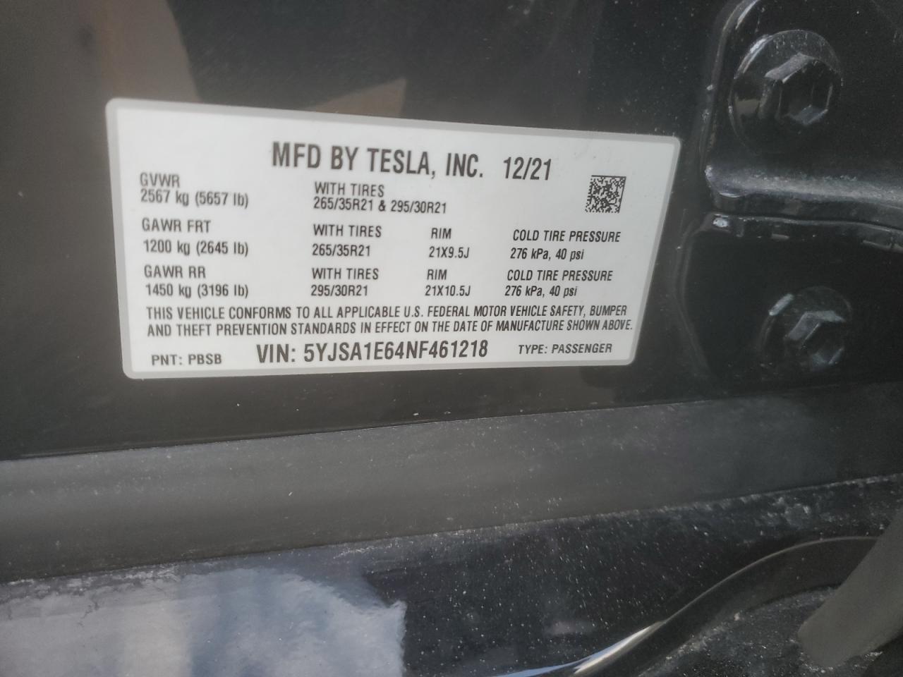 2022 TESLA MODEL S  VIN:5YJSA1E64NF461218