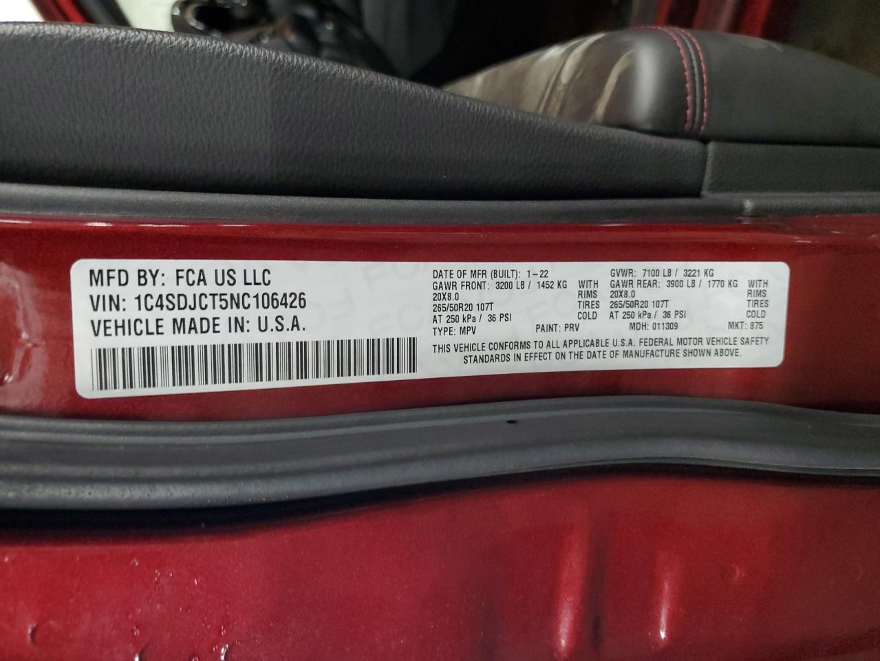 2022 DODGE DURANGO R/T VIN:1C4SDJCT5NC106426