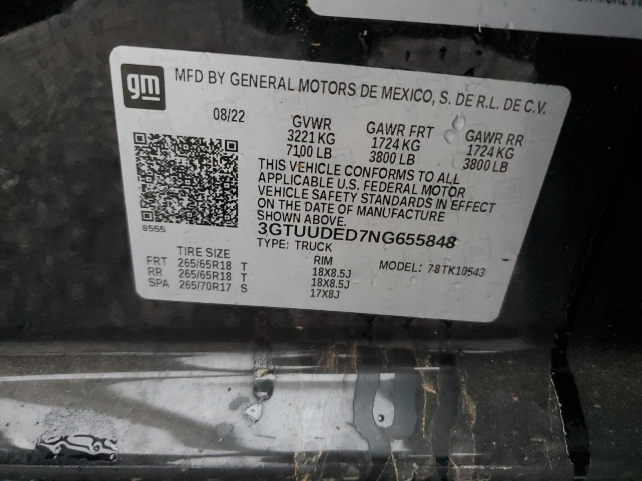 2022 GMC SIERRA K1500 SLT VIN:3GTUUDED7NG655848