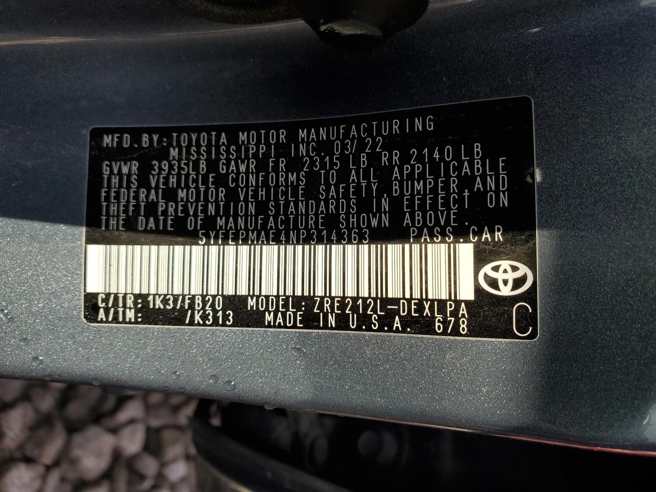 2022 TOYOTA COROLLA LE VIN:5YFEPMAE4NP314363