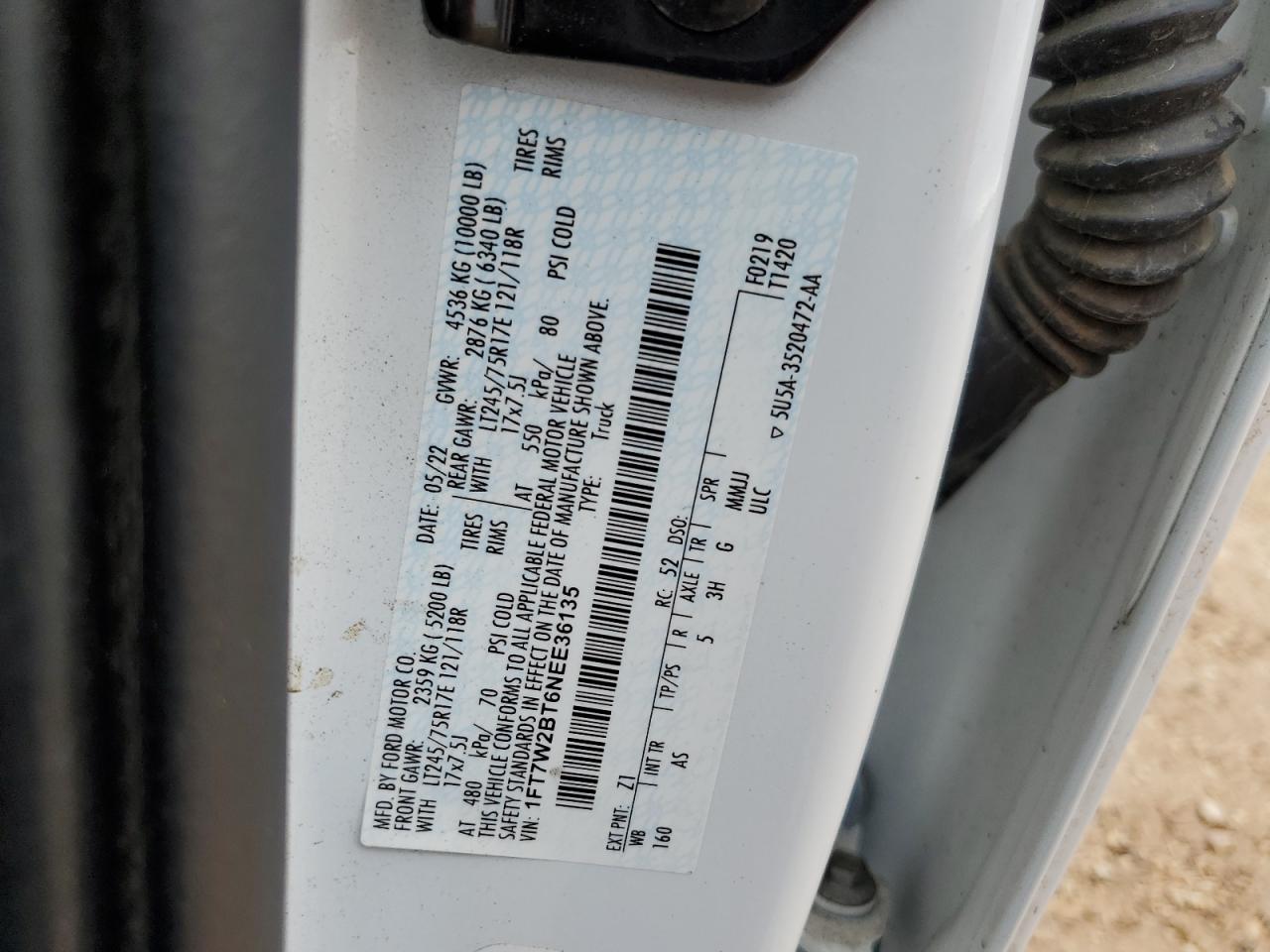 2022 FORD F250 SUPER DUTY VIN:1FT7W2BT6NEE36135