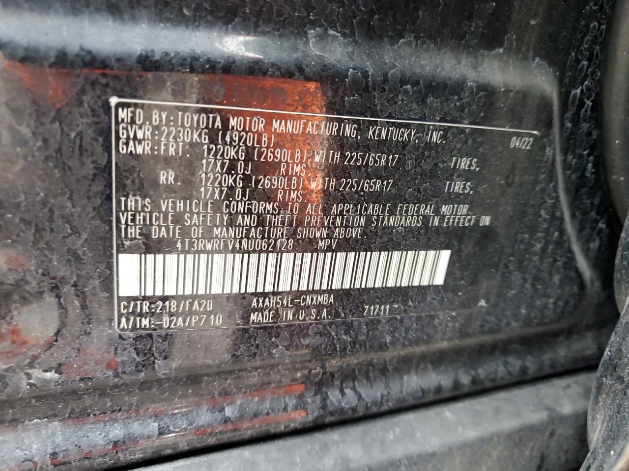 2022 TOYOTA RAV4 XLE VIN:4T3RWRFV4NU062128