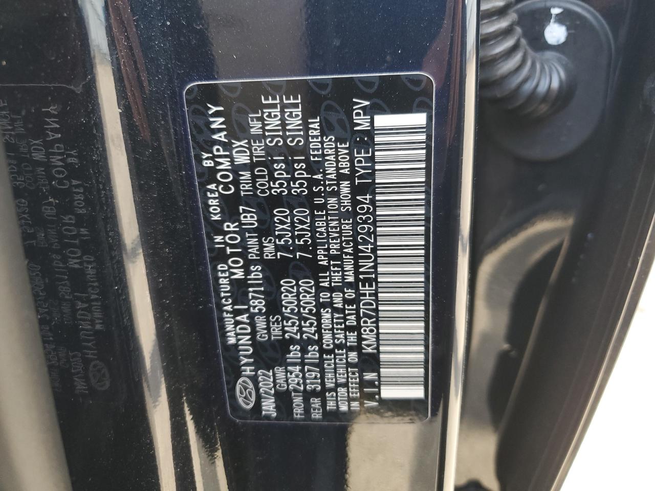 2022 HYUNDAI PALISADE CALLIGRAPHY VIN:KM8R7DHE1NU429394