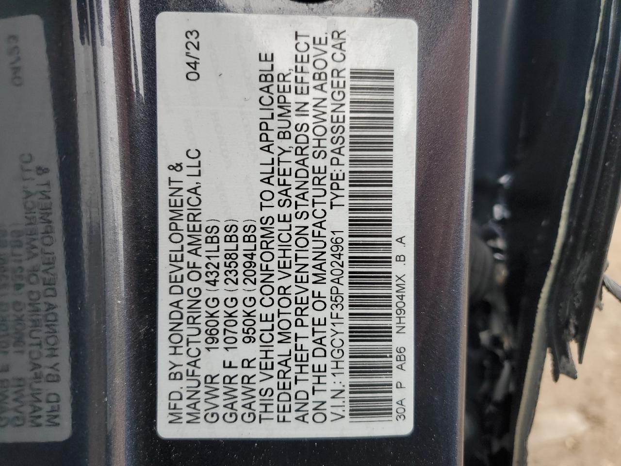 2023 HONDA ACCORD EX VIN:1HGCY1F35PA024961