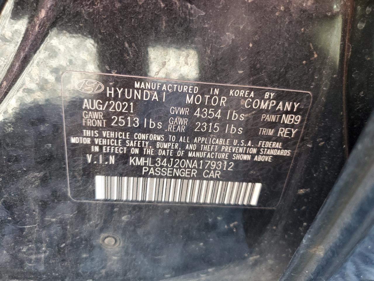 2022 HYUNDAI SONATA LIMITED VIN:KMHL34J20NA179312