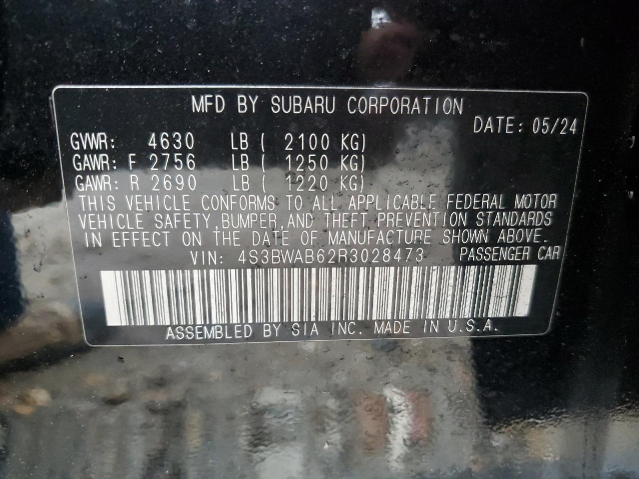 2024 SUBARU LEGACY  VIN:4S3BWAB62R3028473