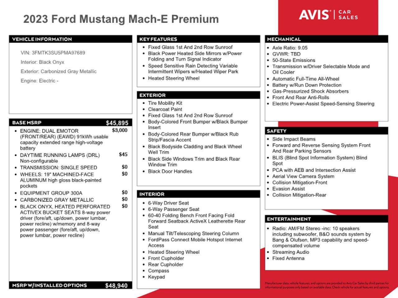 2023 FORD MUSTANG MACH-E PREMIUM VIN:3FMTK3SU5PMA97689