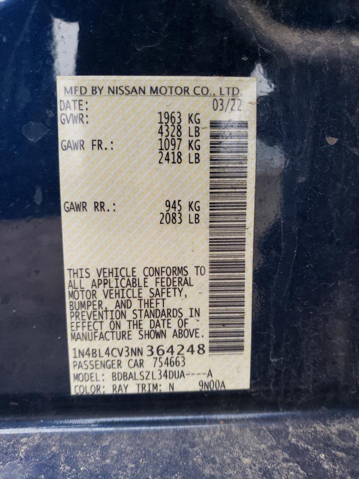 2022 NISSAN ALTIMA SR VIN:1N4BL4CV3NN364248