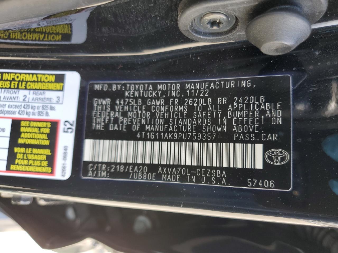 2023 TOYOTA CAMRY SE NIGHT SHADE VIN:4T1G11AK9PU759357