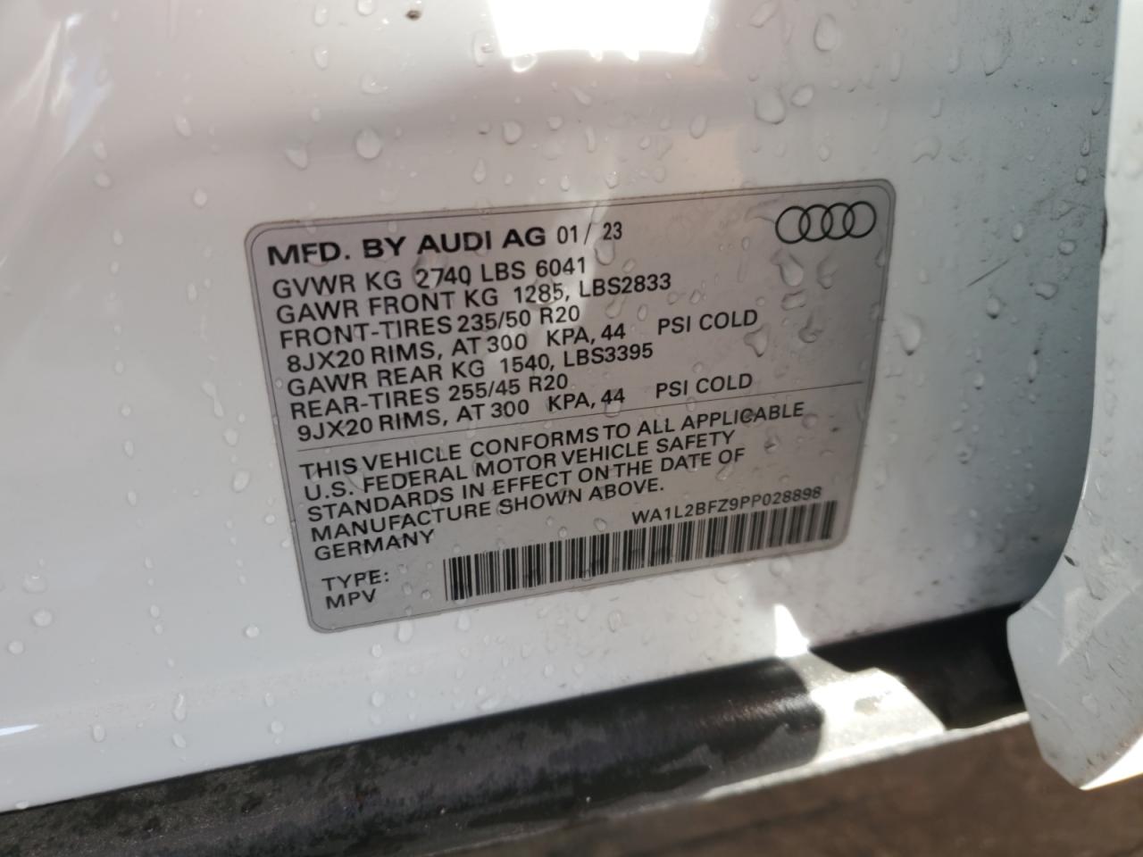 2023 AUDI Q4 E-TRON PREMIUM PLUS VIN:WA1L2BFZ9PP028898