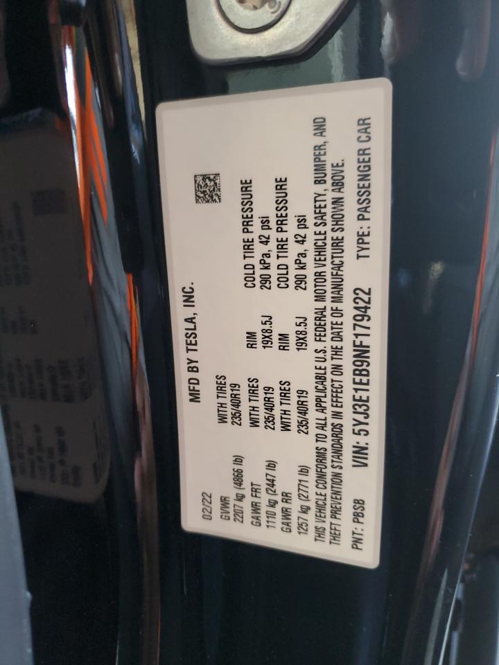 2022 TESLA MODEL 3  VIN:5YJ3E1EB9NF179422