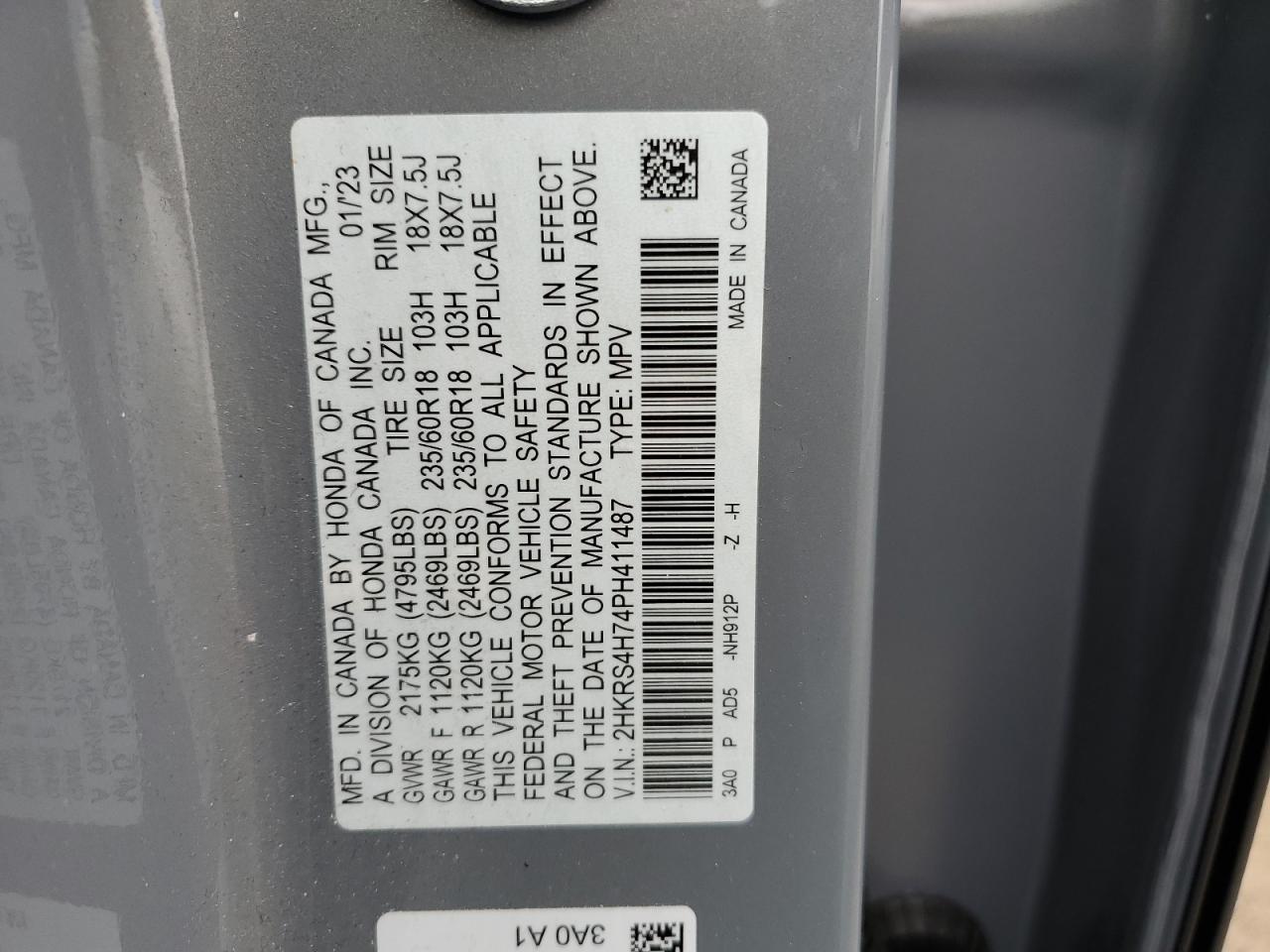 2023 HONDA CR-V EXL VIN:2HKRS4H74PH411487