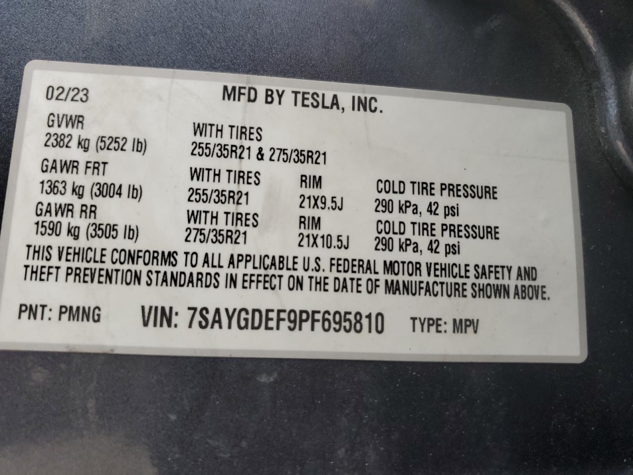 2023 TESLA MODEL Y  VIN:7SAYGDEF9PF695810
