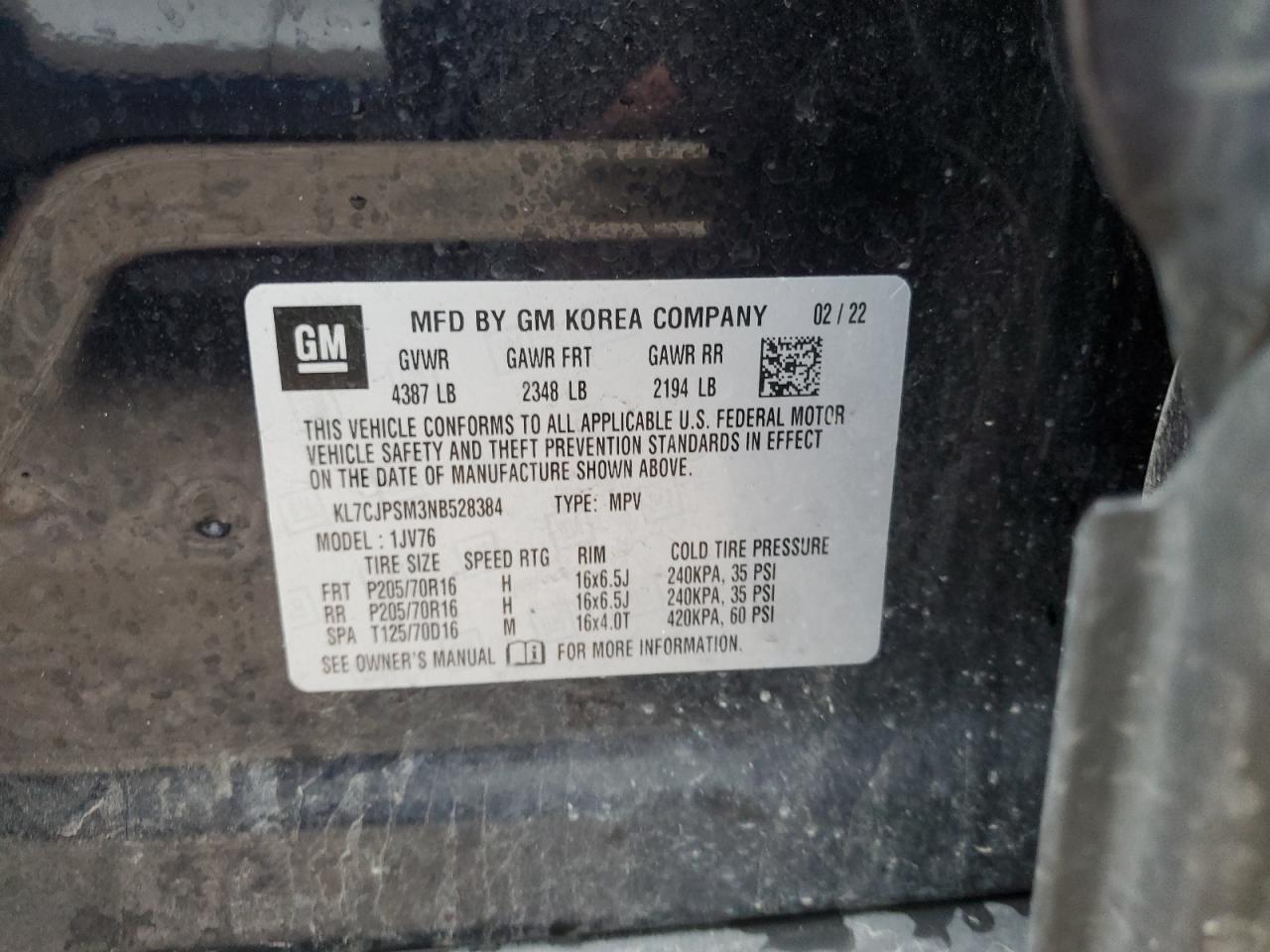 2022 CHEVROLET TRAX 1LT VIN:KL7CJPSM3NB528384