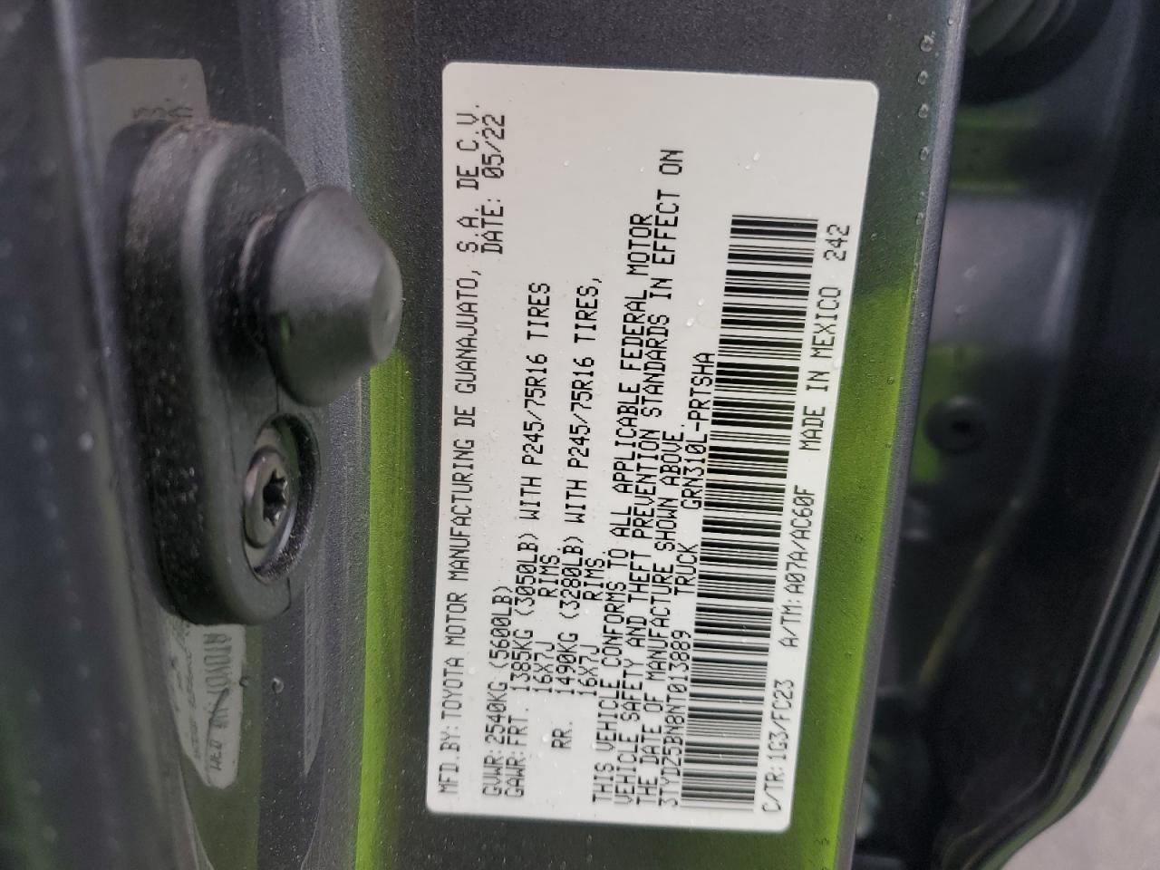 2022 TOYOTA TACOMA DOUBLE CAB VIN:3TYDZ5BN8NT013889