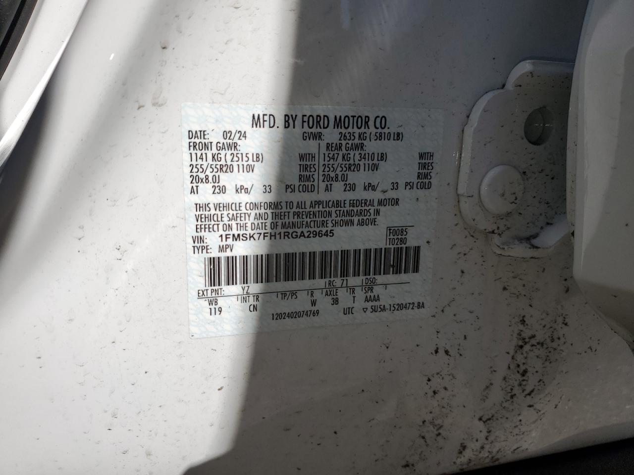 2024 FORD EXPLORER LIMITED VIN:1FMSK7FH1RGA29645