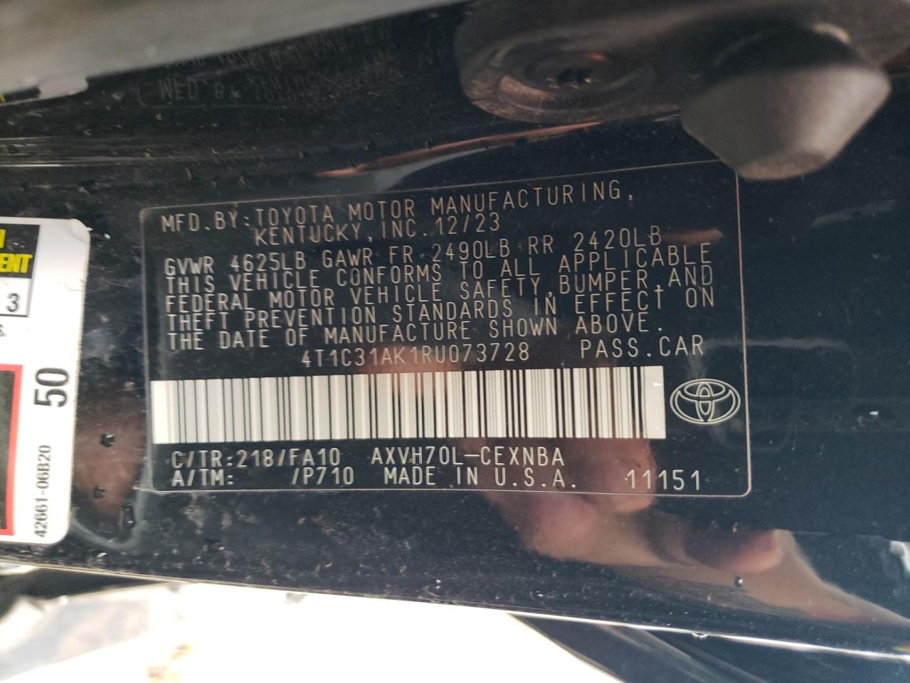 2024 TOYOTA CAMRY LE VIN:4T1C31AK1RU073728