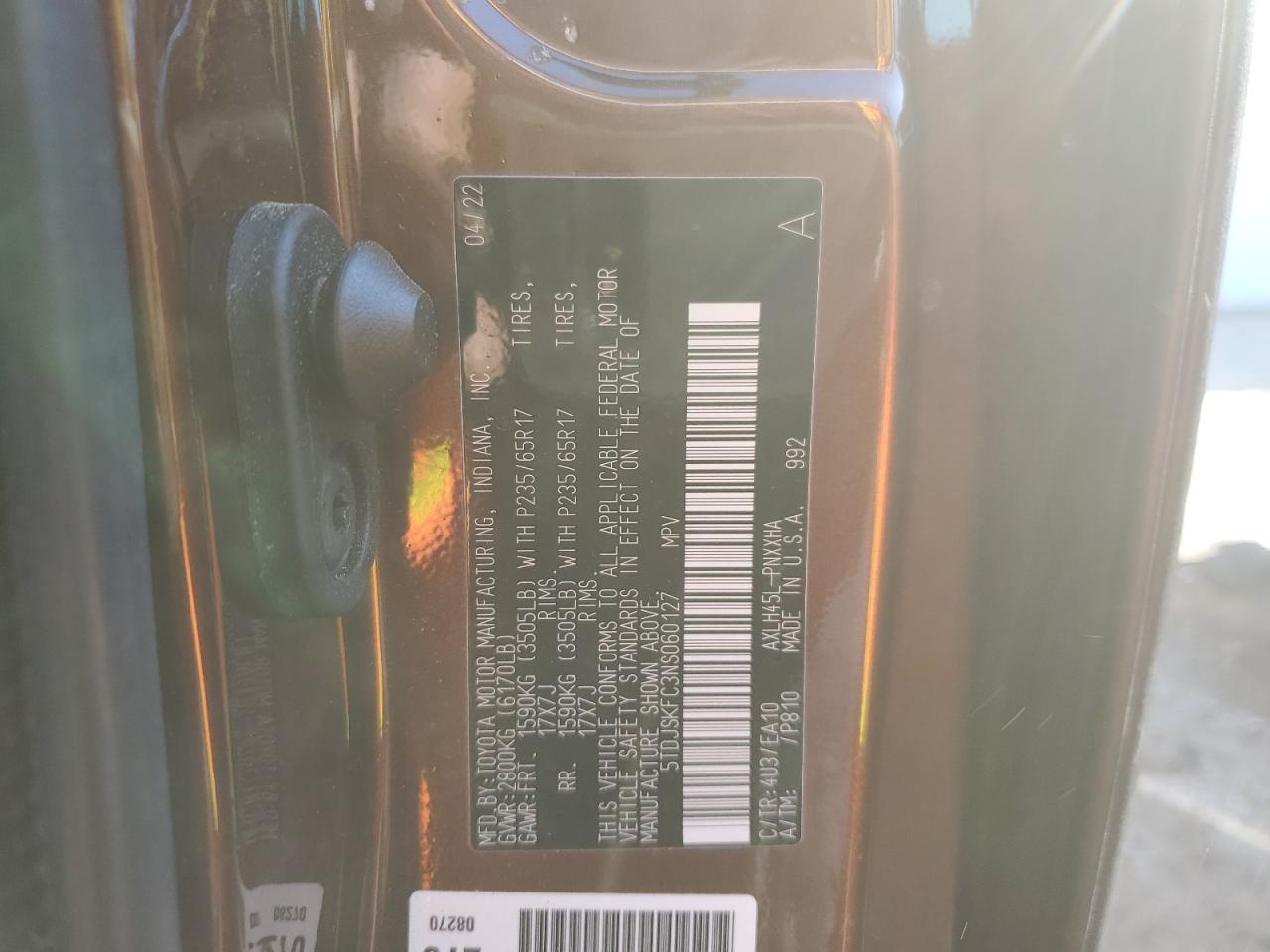 2022 TOYOTA SIENNA XLE VIN:5TDJSKFC3NS060127