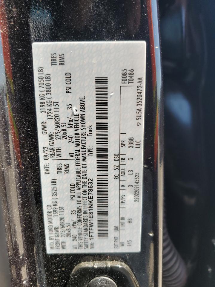 2022 FORD F150 SUPERCREW VIN:1FTFW1E81NKE78632