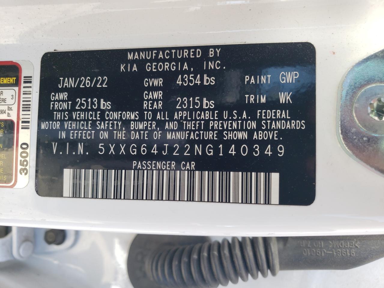 2022 KIA K5 GT LINE VIN:5XXG64J22NG140349