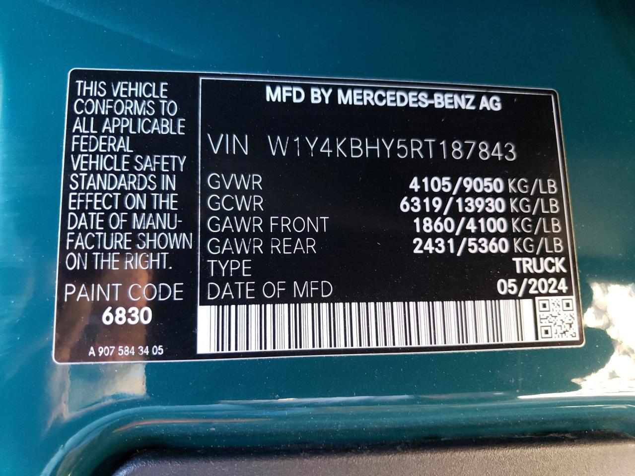 2024 MERCEDES-BENZ SPRINTER 2500 VIN:W1Y4KBHY5RT187843