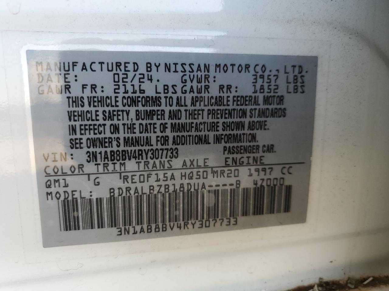 2024 NISSAN SENTRA S VIN:3N1AB8BV4RY307733