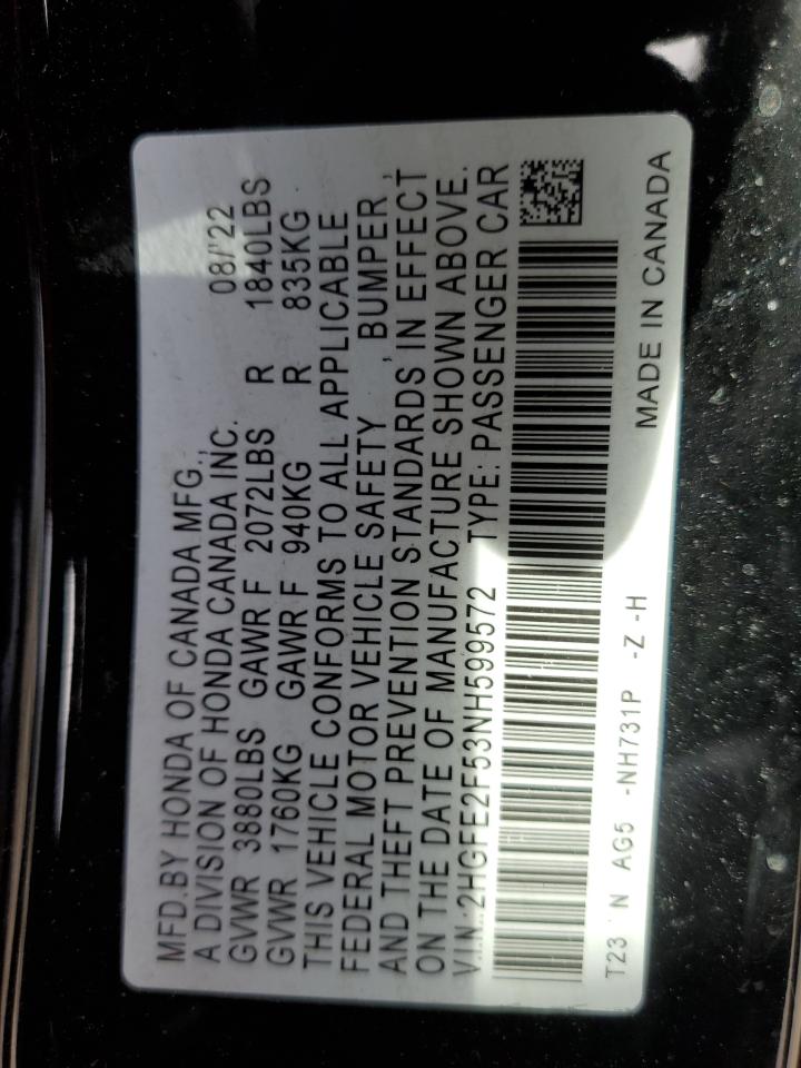 2022 HONDA CIVIC SPORT VIN:2HGFE2F53NH599572