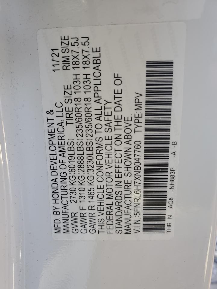 2022 HONDA ODYSSEY EXL VIN:5FNRL6H7XNB047760