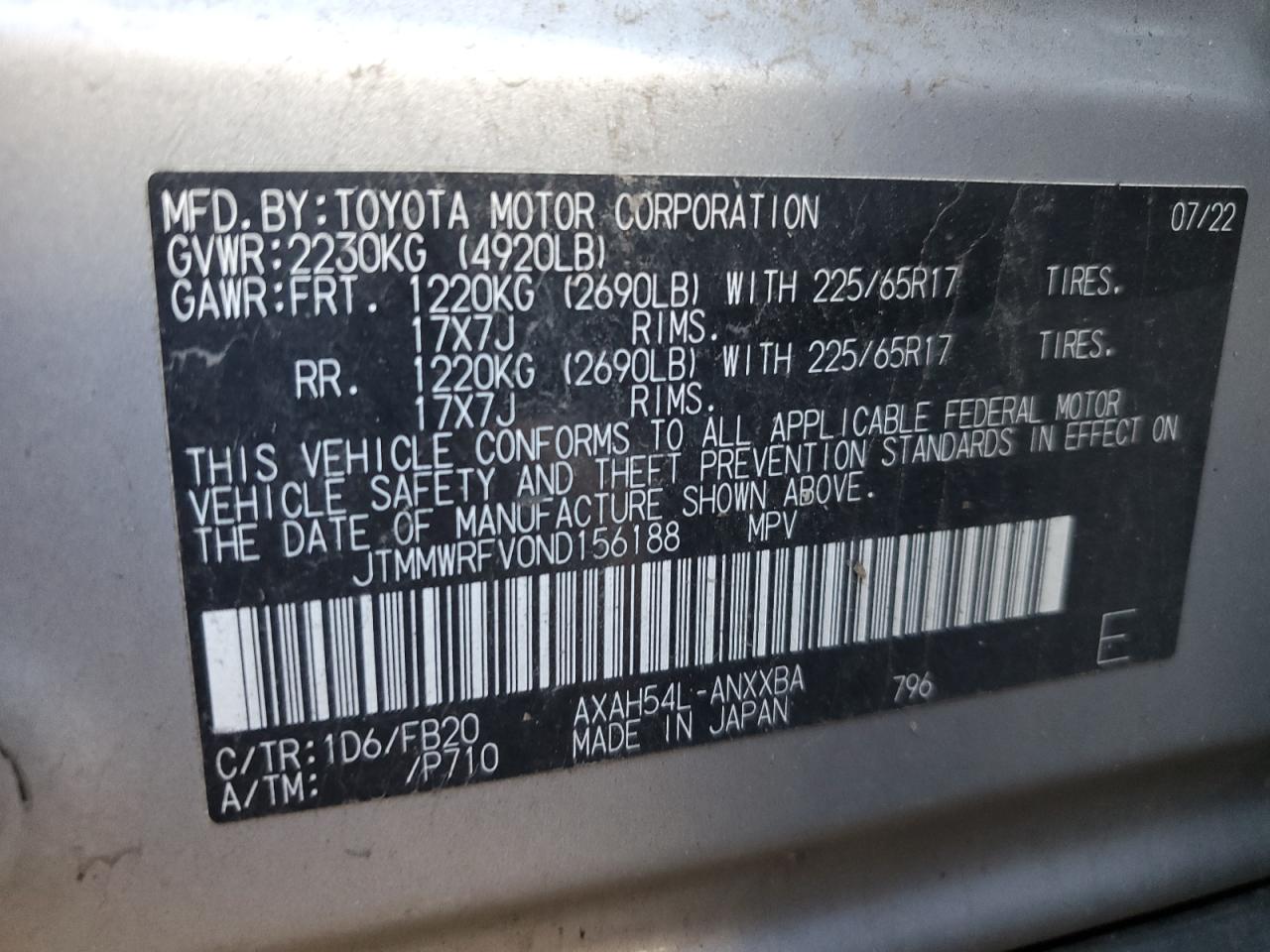 2022 TOYOTA RAV4 LE VIN:JTMMWRFV0ND156188