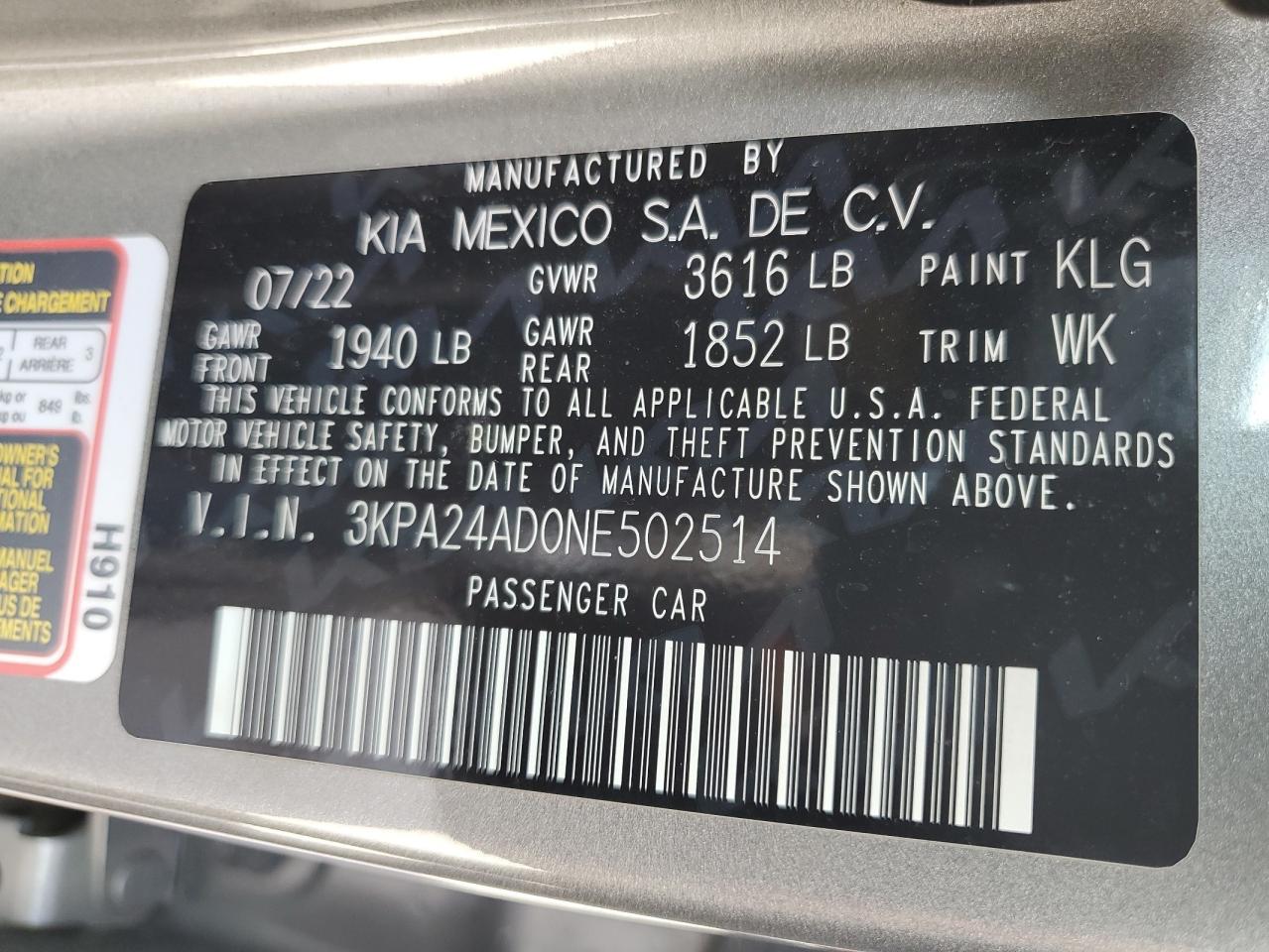 2022 KIA RIO LX VIN:3KPA24AD0NE502514