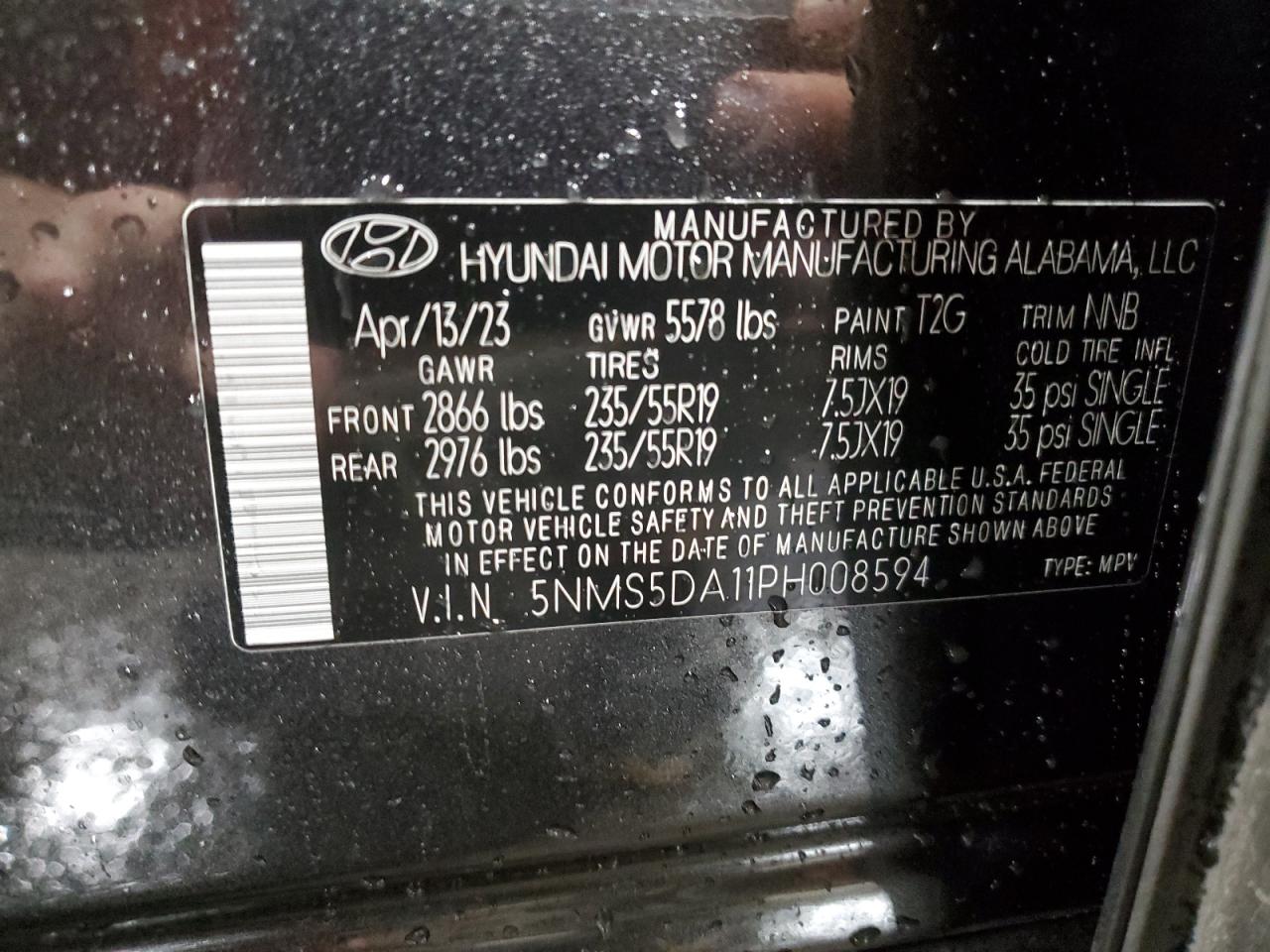 2023 HYUNDAI SANTA FE LIMITED VIN:5NMS5DA11PH008594