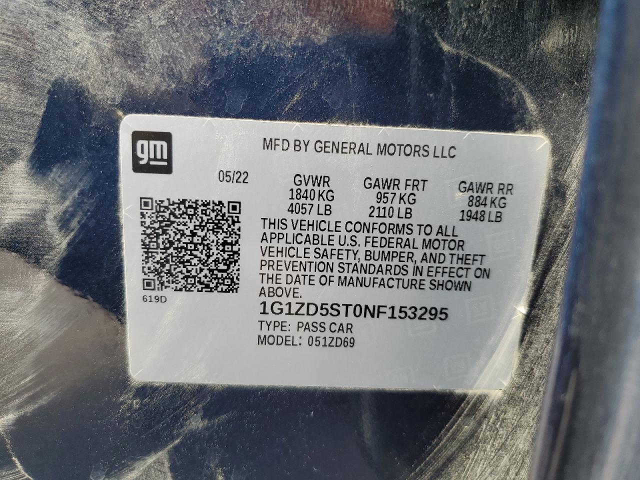 2022 CHEVROLET MALIBU LT VIN:1G1ZD5ST0NF153295