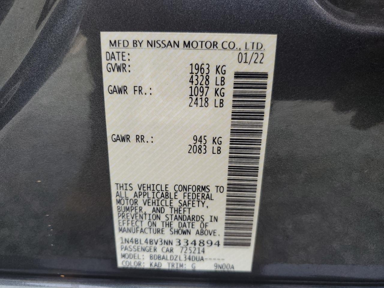 2022 NISSAN ALTIMA S VIN:1N4BL4BV3NN334894