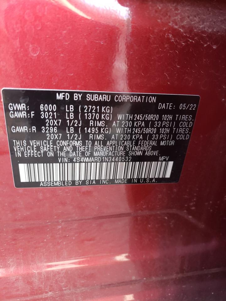 2022 SUBARU ASCENT TOURING VIN:4S4WMARD1N3440532