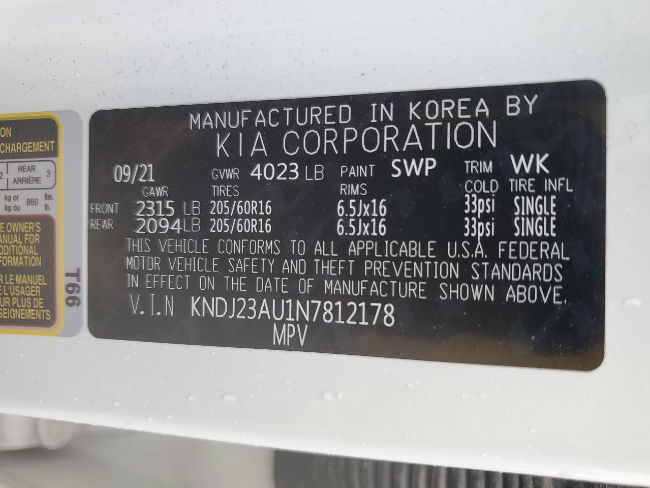 2022 KIA SOUL LX VIN:KNDJ23AU1N7812178